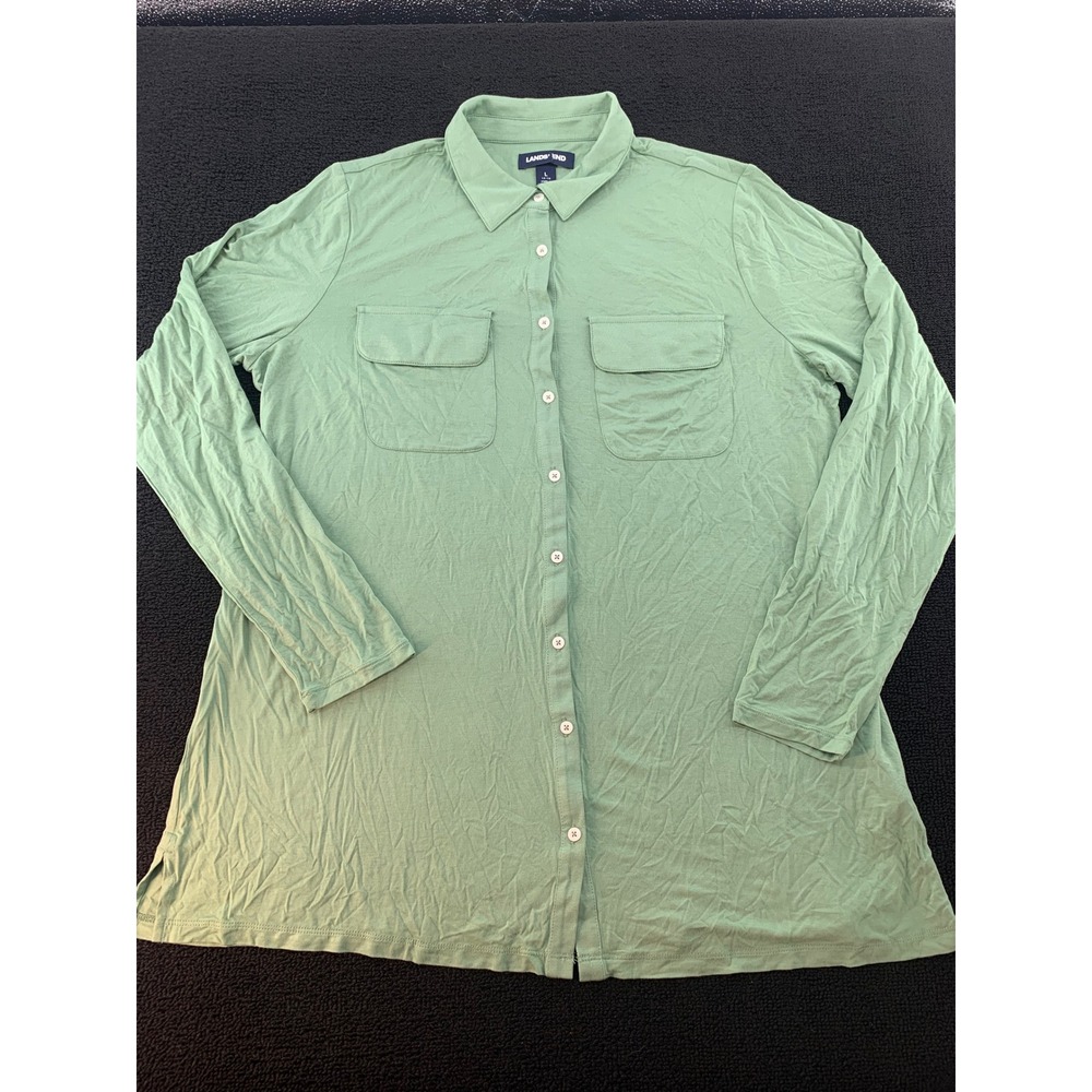Lands End Women Long Sleeve Button Down Shirt Green‎ Casual Top Size L 14-16